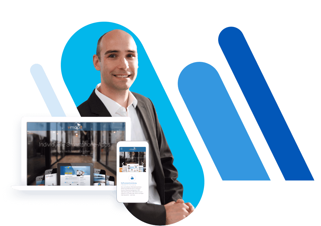 Mann mit weißem Hemd und schwarzem Sakko und Screens von einer Website