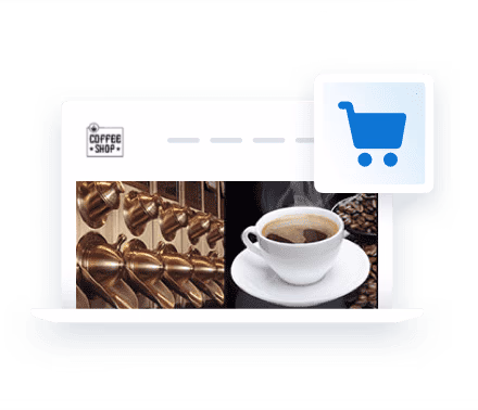 Coffee shop website with coffee machine and cup of coffee, shopping cart icon in the top right corner.