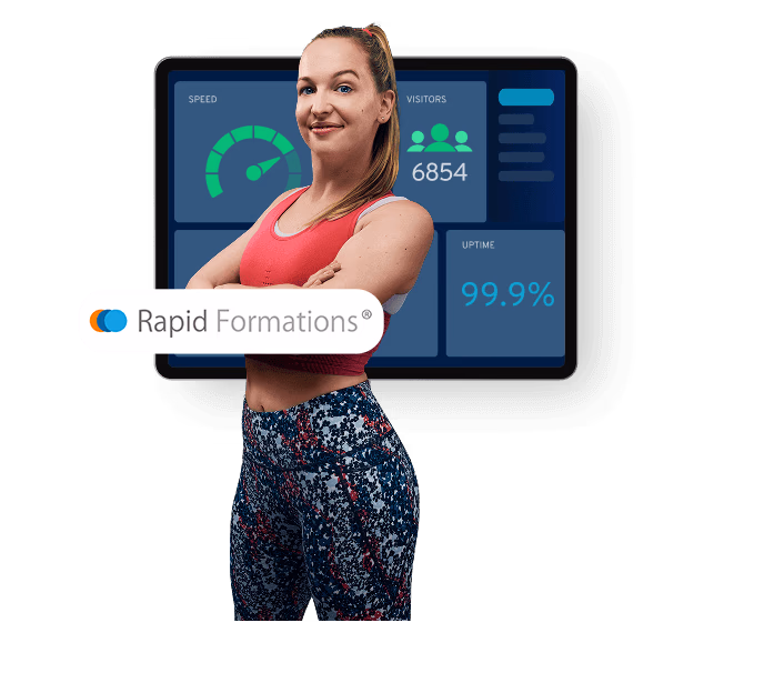 Woman standing in front of a computer screen displaying performance metrics. Rapid Formations logo.