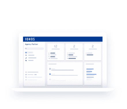 Laptop mit Partner Portal Oberfläche auf dem Bildschirm und IONOS Logo