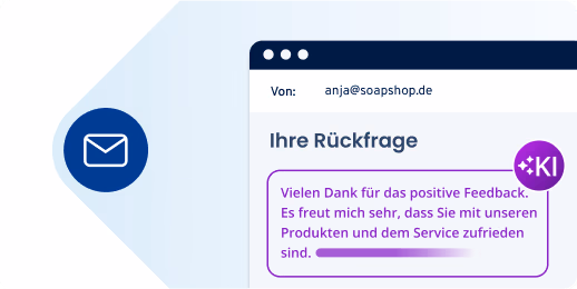 Illustration einer E-Mail-Antwort von anja@soapshop.de  mit dem Hinweis ‚KI‘ und positivem Feedbacktext.