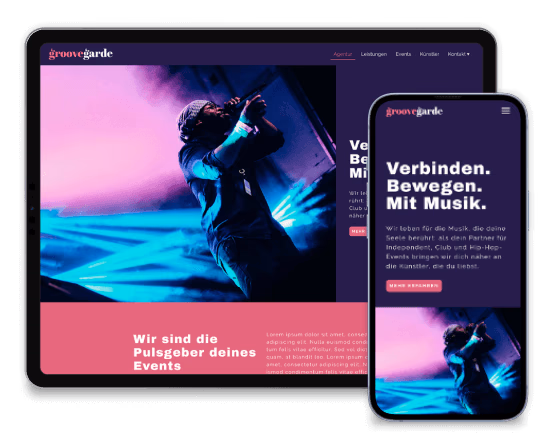 Ein Musiker auf der Bühne, umgeben von Lichtstrahlen, mit dem Text "Wir sind die Pulsgeber deines Events" und "Verbinden. Bewegen. Mit Musik.