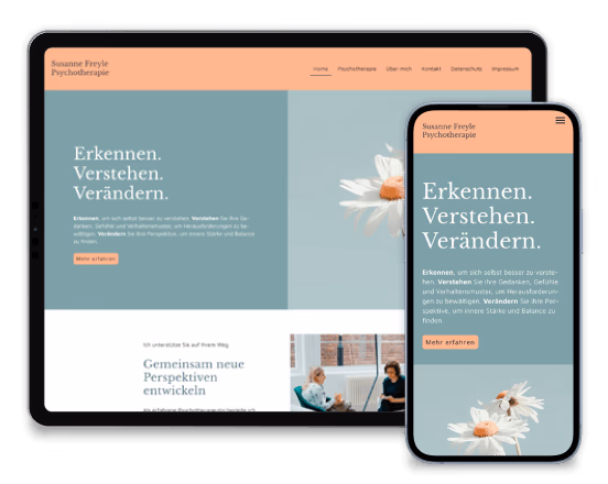 Website von Susanne Freyde Psychotherapie, zeigt Erkennen, Verstehen, Verändern mit Blumenbild und zwei Personen in Therapie.