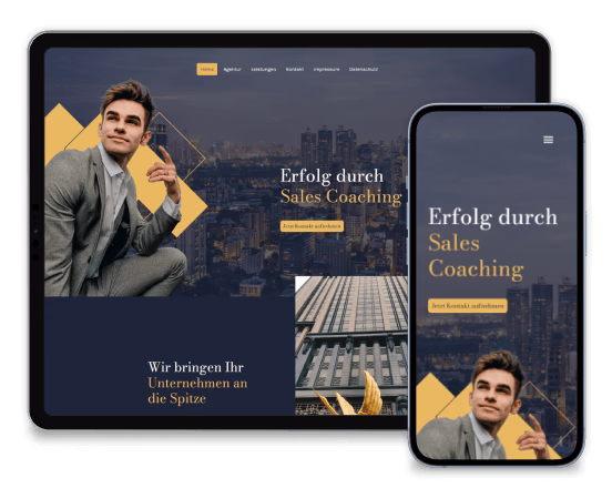 Mann in Anzug mit Stadt im Hintergrund, Text "Erfolg durch Sales Coaching" und "Wir bringen Ihr Unternehmen an die Spitze".