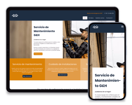 Servicio de mantenimiento G&H, hombre trabajando con taladro, sitio web en tablet y móvil.