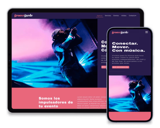 Página web de GrooveGarde mostrando un DJ actuando en un escenario con luces de colores.