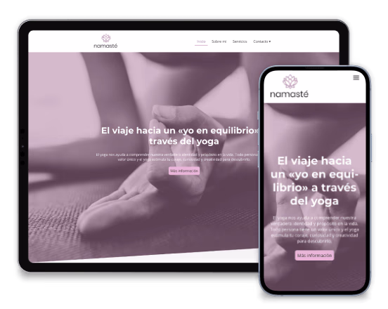 Página web de yoga mostrando una persona en posición de meditación con texto sobre el equilibrio a través del yoga.