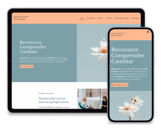 Página web de psicoterapia mostrando un ordenador y un móvil con la frase "Reconocer Comprender Cambiar".