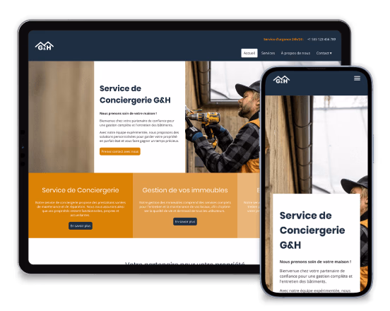 Site web de services de conciergerie G&H, affiché sur tablette et smartphone.
