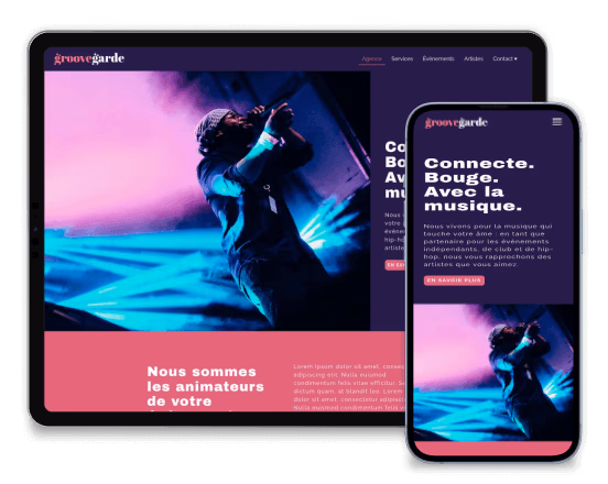 Site web avec un danseur en arrière-plan et texte en français.