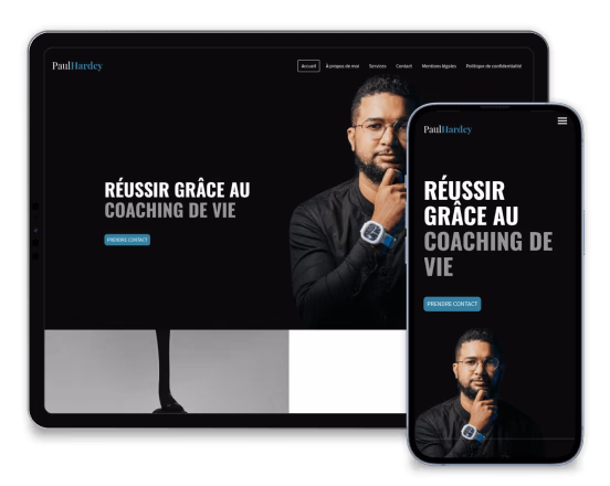 Site web de coaching de vie avec un homme en arrière-plan, affichant "Réussir grâce au coaching de vie".