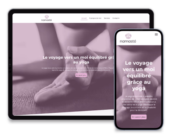 Site web de yoga affichant une personne en position de méditation avec le texte "Le voyage vers un moi équilibré grâce au yoga".
