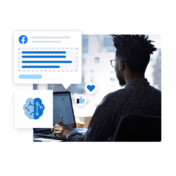 Man working on a laptop, surrounded by icons for AI, Facebook comments, and social likes.