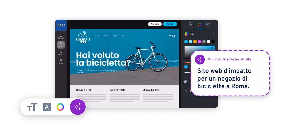 Editor di siti web IONOS con esempio di pagina per un negozio di biciclette a Roma.