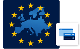 Mappa dell’Europa circondata da stelle su sfondo blu, simbolo dell’Unione Europea, con icona che rappresenta hosting e server.
