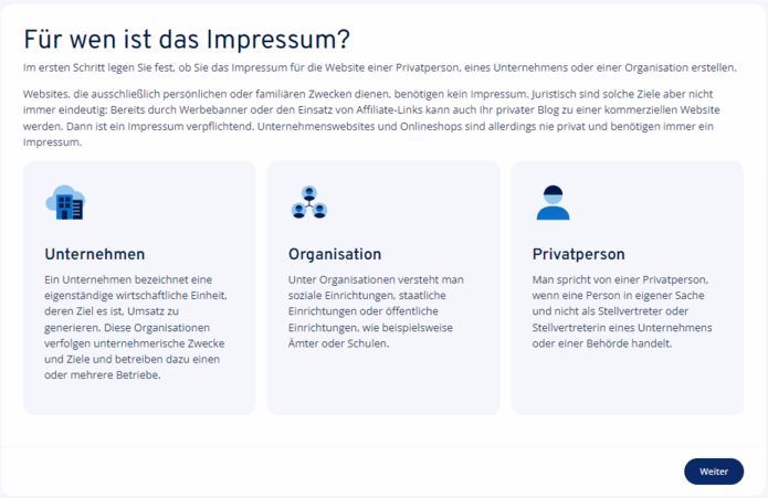 Startseite eines Impressum-Generators mit Auswahl zwischen Privatperson, Unternehmen oder Organisation, zur Erfassung passender rechtlicher Angaben.