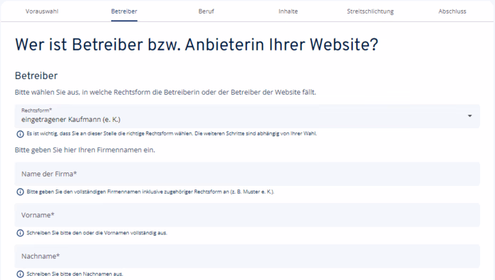 Eingabeformular zur Erfassung relevanter Angaben für die Erstellung des Impressums, z.B. Kontaktdaten und Unternehmensinformationen