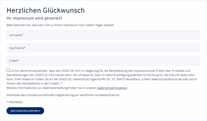 Formular zur Eingabe von Name und E-Mail-Adresse, um das erstellte Impressum zu erhalten.