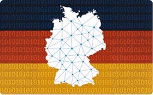 Mappa digitale della Germania su sfondo con i colori della bandiera tedesca e codice binario.