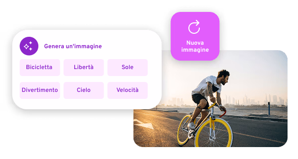 Generatore di immagini IONOS con parole chiave e ciclista su strada al tramonto.