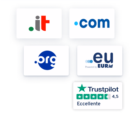 Estensioni di dominio .it, .com, .org, .eu e valutazione Trustpilot 4,5 Eccellente.