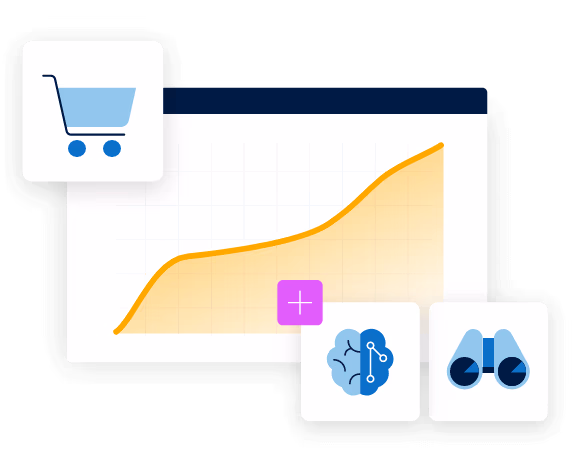 Shopping cart icon, upward trending graph, plus sign, network diagram, binoculars icon.