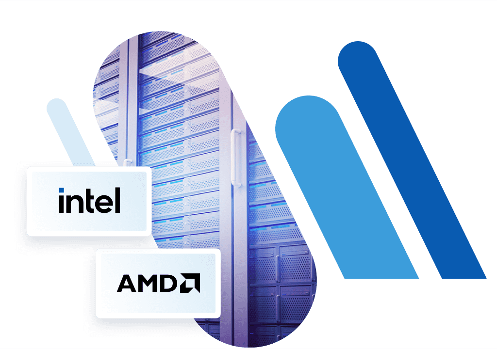 Nahaufnahme eines Servers mit intel und AMD Logo im Vordergrund