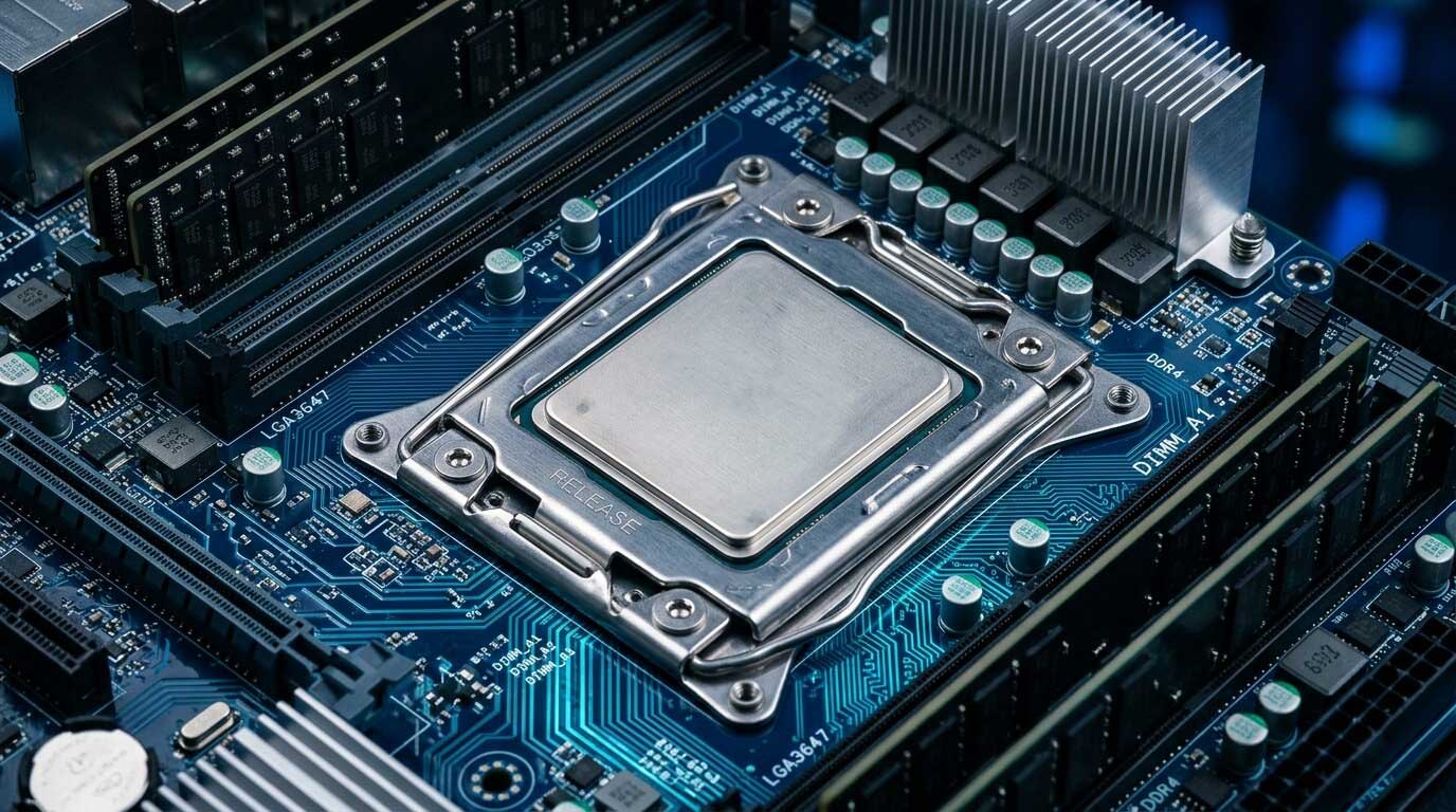 Hauptplatine mit zentraler Prozessor-Einheit und Kühlkörper.