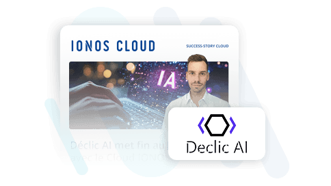 Mann vor Bildschirm mit künstlicher Intelligenz und Text über IONOS Cloud und Déclic AI.