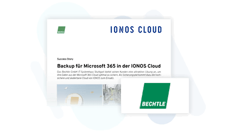Das Bild zeigt ein Werbebanner für IONOS Cloud. Es bewirbt ein Backup-Service für Microsoft 365 in der IONOS Cloud. Das Logo von Bechtle ist ebenfalls sichtbar.