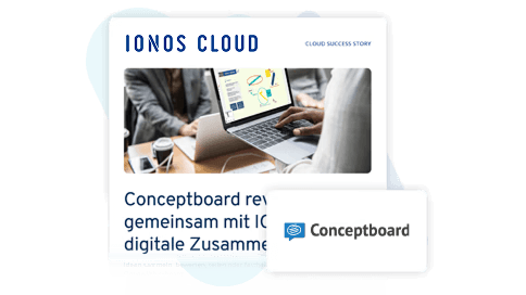 Eine Person arbeitet an einem Laptop, während ein Konzeptboard auf dem Bildschirm zu sehen ist. Der Text erwähnt, dass Conceptboard gemeinsam mit IONOS Cloud digitale Zusammenarbeit ermöglicht.