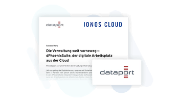 Die Verwaltung weit vorneweg – dPhoenixSuite, der digitale Arbeitsplatz aus der Cloud. Das Bild zeigt das Logo von dataport und IONOS Cloud.