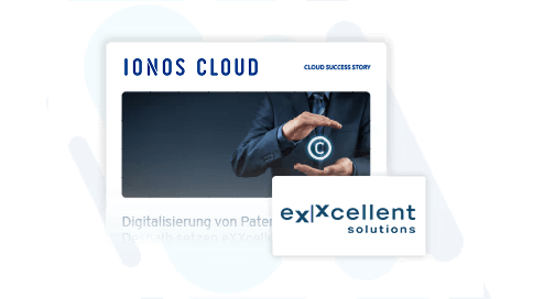 Ein Mann in einem Anzug hält ein Symbol für Digitalisierung. Der Text erwähnt IONOS Cloud und exxcellent solutions im Zusammenhang mit der Digitalisierung von Patenten.