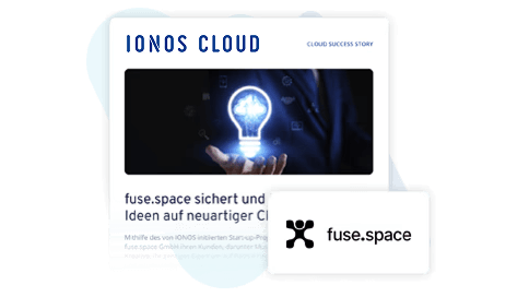 Eine Person hält eine leuchtende Glühbirne in ihren Händen, symbolisierend neue Ideen und Innovation. Der Text erwähnt, dass fuse.space mit IONOS Cloud neue Ideen auf neuartige Weise sichert.