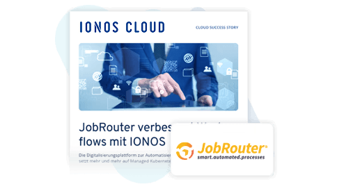 Ein Mann in einem Anzug zeigt auf ein digitales Interface mit verschiedenen Symbolen, die auf Cloud-Dienste hinweisen. Der Text erwähnt, dass JobRouter mit IONOS Cloud-Erfolgsgeschichten zusammenarbeitet, um Automatisierungsprozesse zu verbessern.