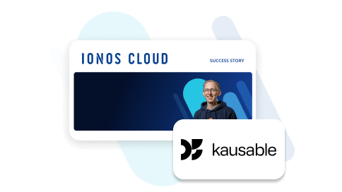 IONOS Cloud Erfolgsgeschichte mit einem Mann und dem Logo von kausable.