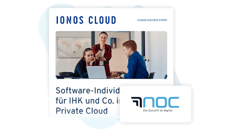 Drei Personen sitzen an einem Tisch und arbeiten zusammen an einem Laptop. Der Bilduntertext lautet: "Software-Individualisierung für IHK und Co. in der Private Cloud.