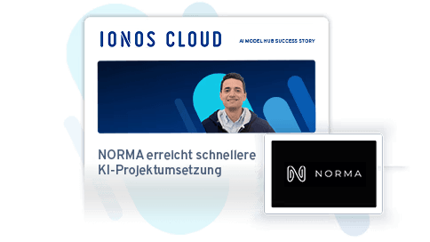 Ein Mann lächelt in einem Bild mit dem Titel "NORMA erreicht schnellere KI-Projektumsetzung" neben dem Logo von NORMA und IONOS Cloud.