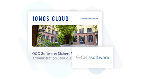 IONOS Cloud Erfolgsgeschichte: O&O Software. Ein Bild eines Gebäudes mit der Überschrift "Sichere Windows-Administration über die Cloud". Logo von O&O Software.