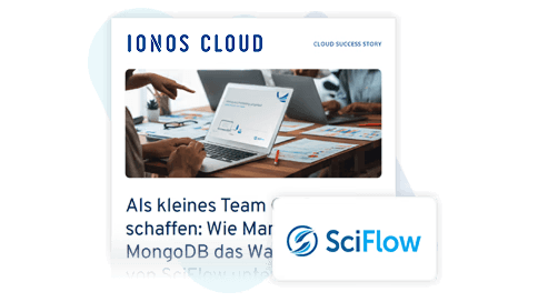 Ein Team arbeitet an Laptops in einem Büro. Der Text beschreibt, wie ein kleines Team mit IONOS Cloud und MongoDB eine Lösung schuf.