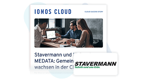 IONOS Cloud Erfolgsgeschichte: Stavermann und MEDATA wachsen in der Cloud. Vier Personen sitzen an einem Tisch und arbeiten an Laptops. Stavermann-Logo mit dem Slogan "Technik rund ums Grün.