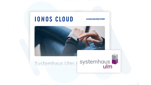 Ein Mann in einem Anzug tippt auf einem Laptop, während der Text "IONOS Cloud" und "Systemhaus Ulm" angezeigt wird.