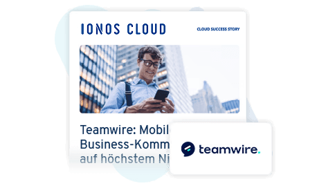 Ein Mann in einem Anzug steht vor einem Gebäude und nutzt ein Smartphone. Der Text erwähnt Teamwire und die Mobilität der Business-Kommunikation auf höchstem Niveau.