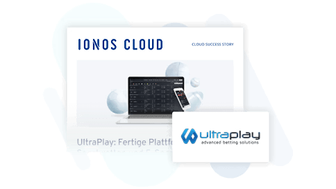 IONOS Cloud präsentiert eine Erfolgsgeschichte mit UltraPlay. Das Bild zeigt einen Laptop und ein Smartphone, die eine Fertigplattform für Sportwettenlösungen darstellen. UltraPlay-Logo mit dem Slogan "advanced betting solutions" ist ebenfalls sichtbar.