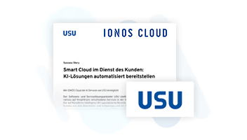 USU und IONOS Cloud Logo. Dokument mit dem Titel "Smart Cloud im Dienst des Kunden: KI-Lösungen automatisiert bereitstellen".