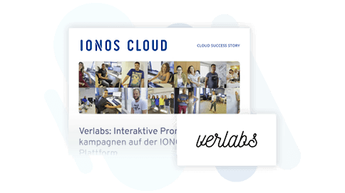 Das Bild zeigt eine Gruppe von Menschen, die in einem modernen Büro arbeiten. Sie sind in verschiedene Aktivitäten wie Besprechungen und Zusammenarbeit an Computern vertieft. Der Text erwähnt "IONOS Cloud" und "verlabs: Interaktive Projekte und Kampagnen auf der IONOS Plattform".
