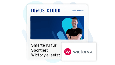 Ionos Cloud präsentiert Victory.ai: Ein Mann steht lächelnd vor einem blauen Hintergrund. Der Text beschreibt die Nutzung von KI für Sportler durch Victory.ai.