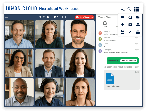 Gruppen-Videochat mit acht Teilnehmern und Team-Chat-Funktion.