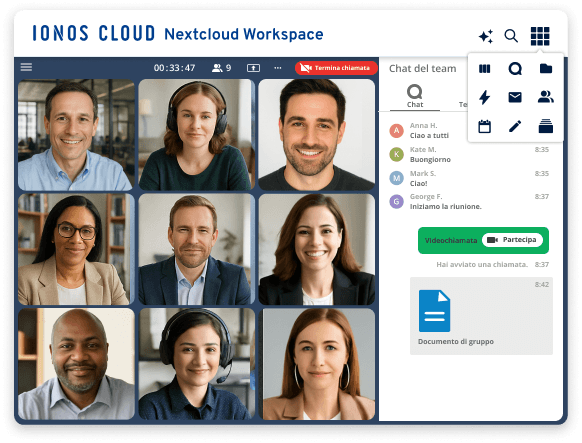 Gruppen-Videochat mit acht Personen, darunter ein Chatfenster und verschiedene Symbole für Funktionen.