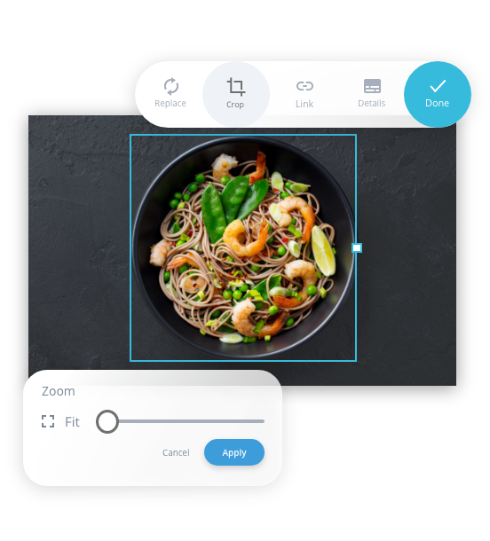 Example of how you can adapt an image; In this case a picture of a dish with food and the filters that can be adjusted